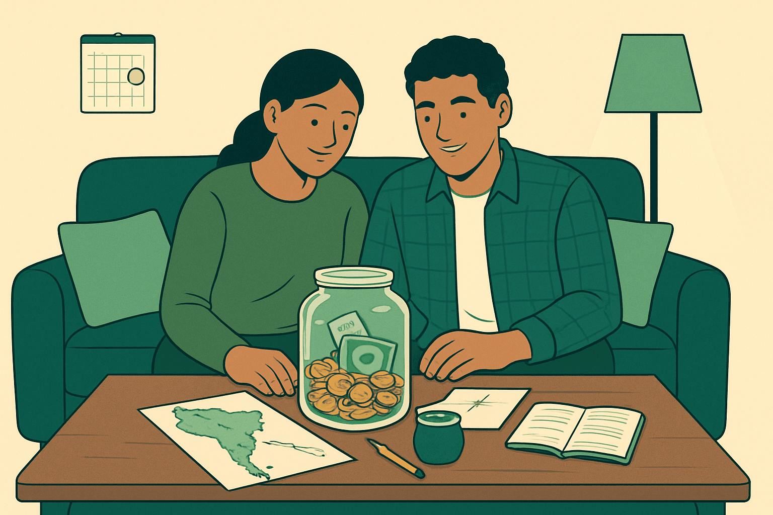 Ilustración de una pareja sentada en su living mirando un frasco transparente con monedas y un mapa de Brasil sobre la mesa.