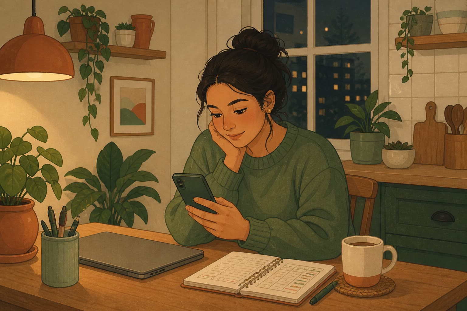 Ilustración de una pareja en la cocina: uno mira el ticket del súper y la otra muestra un chat en el celular.