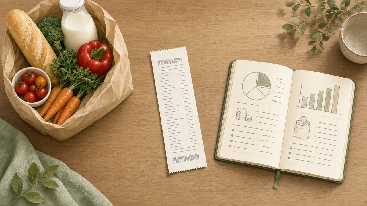 Ilustración de una mesa de cocina con un ticket de supermercado largo, una bolsa de compras con verduras, pan y leche, y un cuaderno con cuentas.