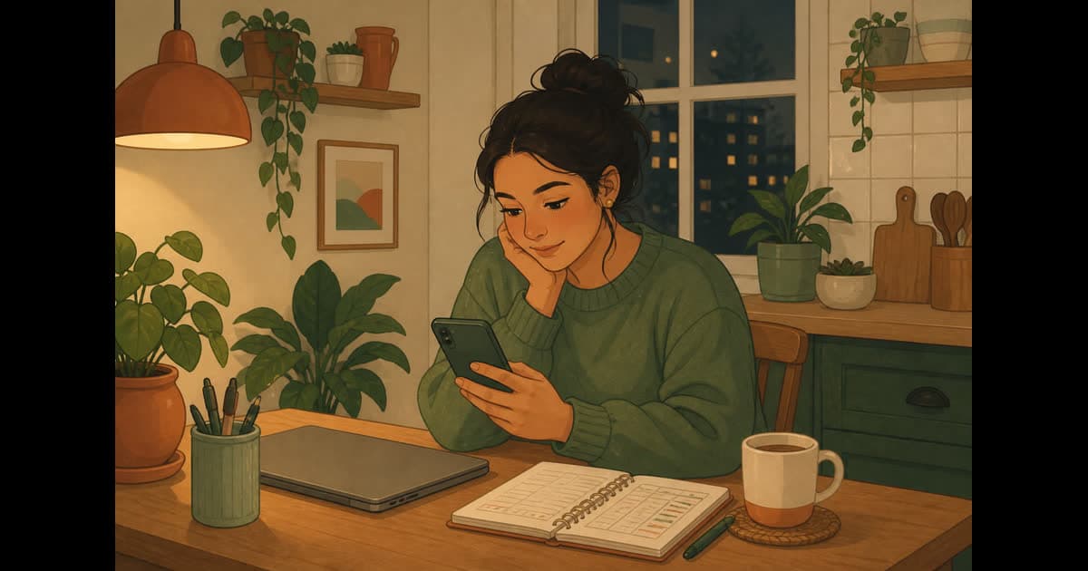 Ilustración de una persona en la cocina de noche, con el celular en la mano y un cuaderno de gastos sobre la mesa.