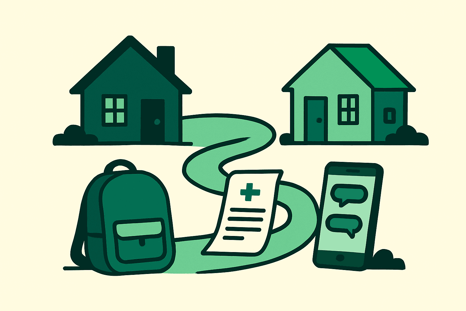 Ilustración de dos casas unidas por un camino, con una mochila escolar, un ticket de farmacia y un celular con un chat abierto.