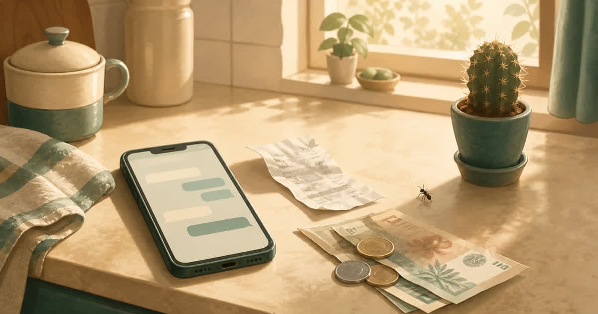 Ilustración de una mesada de cocina: celular con un chat, un ticket, pesos y una hormiga.