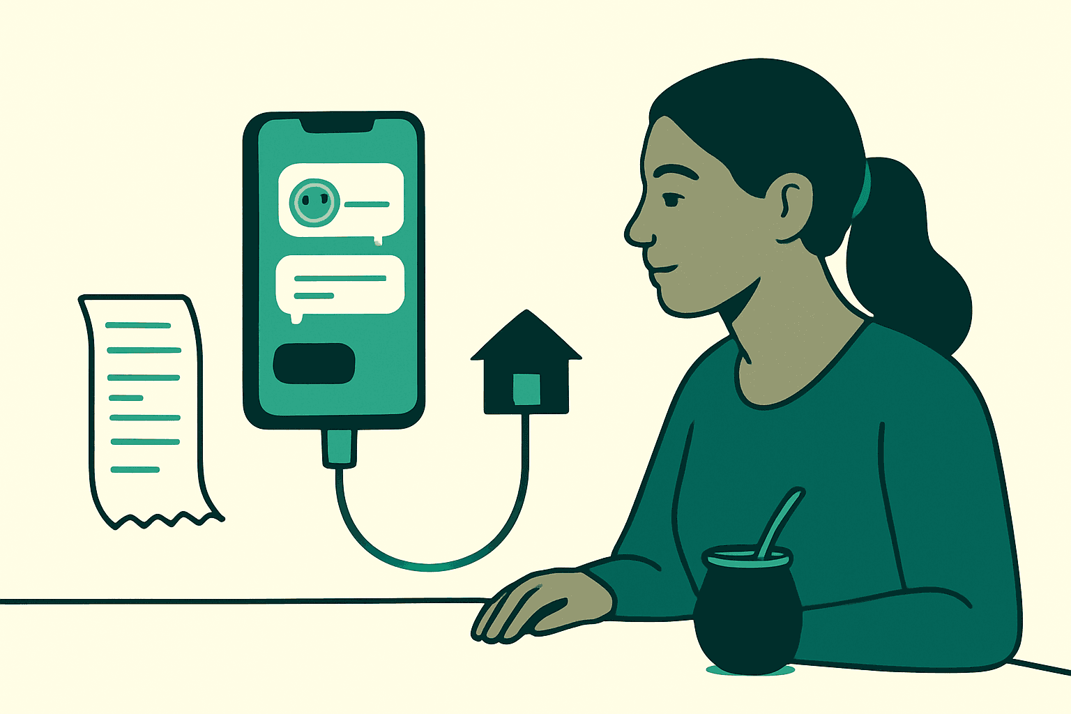 Ilustración de una mujer en la cocina hablando con su asistente en el celular, con un ticket del súper sobre la mesa.