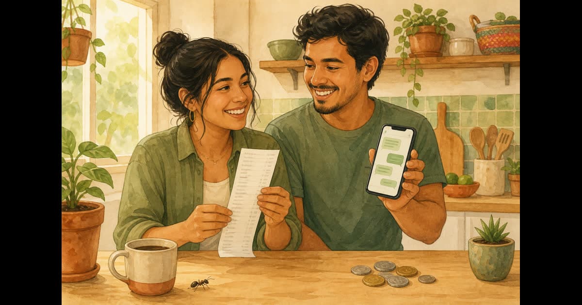Ilustración de una pareja en la cocina: ella mira el ticket del súper y él muestra un chat en el celular.